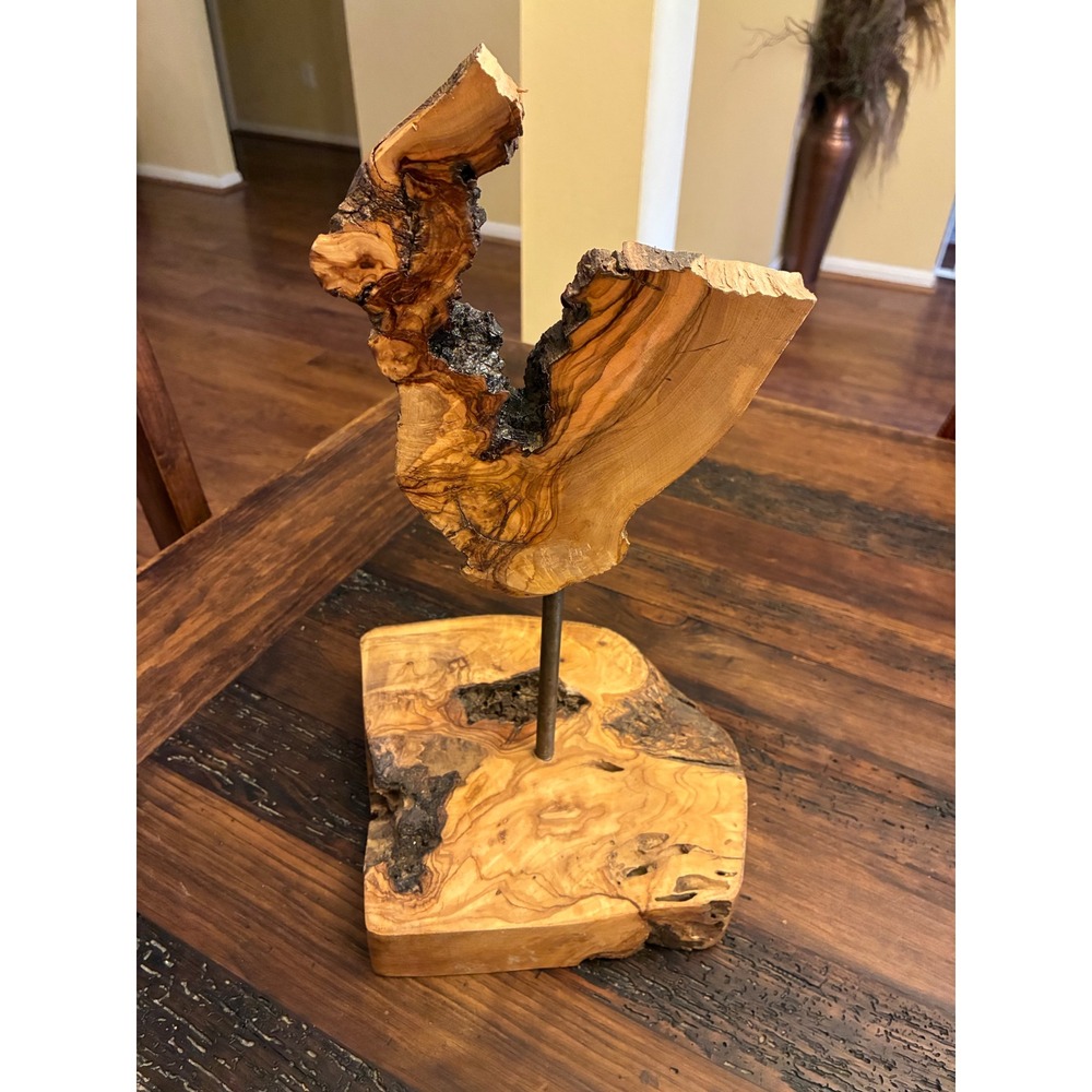 Live Olive Wood Sculpture Matching Edge Base Tabletop Decor Rich Grain Patterns